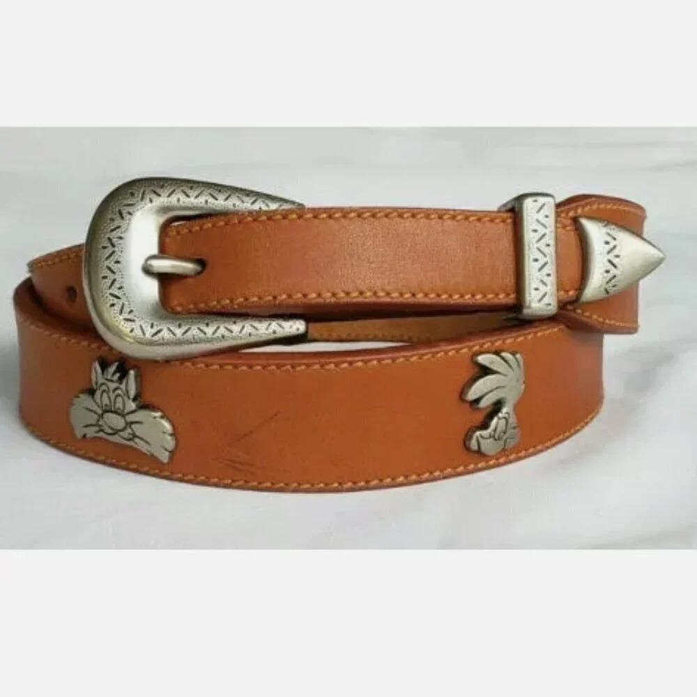 Vintage Warner Bros Brown Leather  Looney Tunes Characters Belt Taiwan 1993
